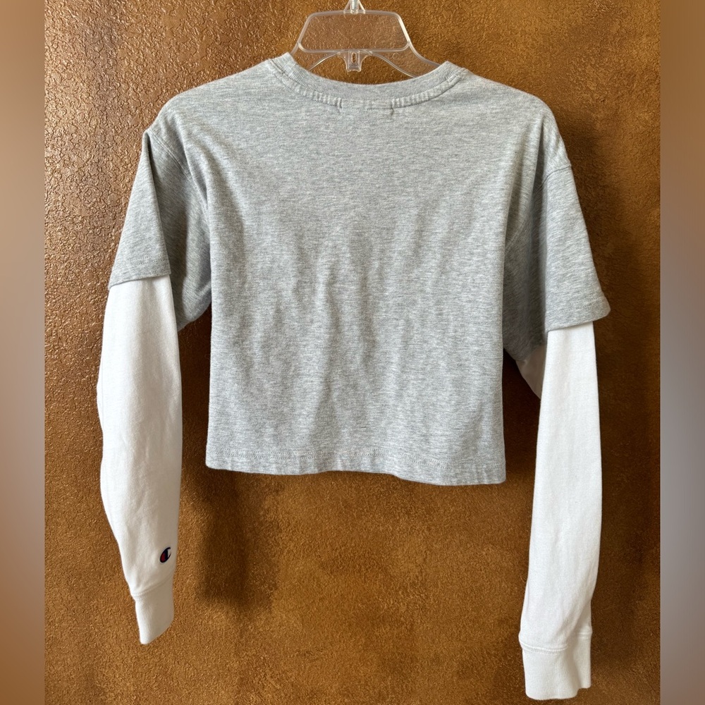 Champion Gray Cropped Long Sleeve Layered Look T Shirt Size Small - Picture 2 of 3